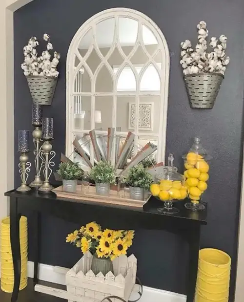 sunflower-decorations-entryway-table-dark-gray-walls
