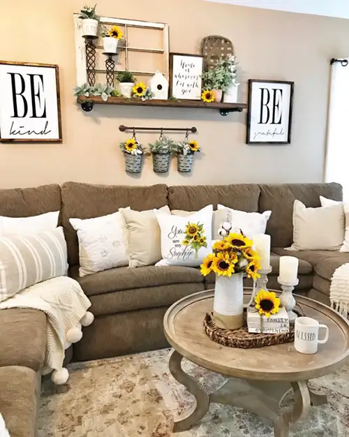 sunflower-decorations-in-farmhouse-styled-living-room