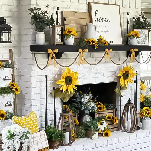 sunflower-decorations-on-fireplace-and-mantel