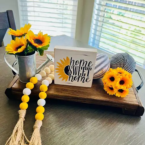 sunflower-decorations-on-rustic-brown-serving-tray