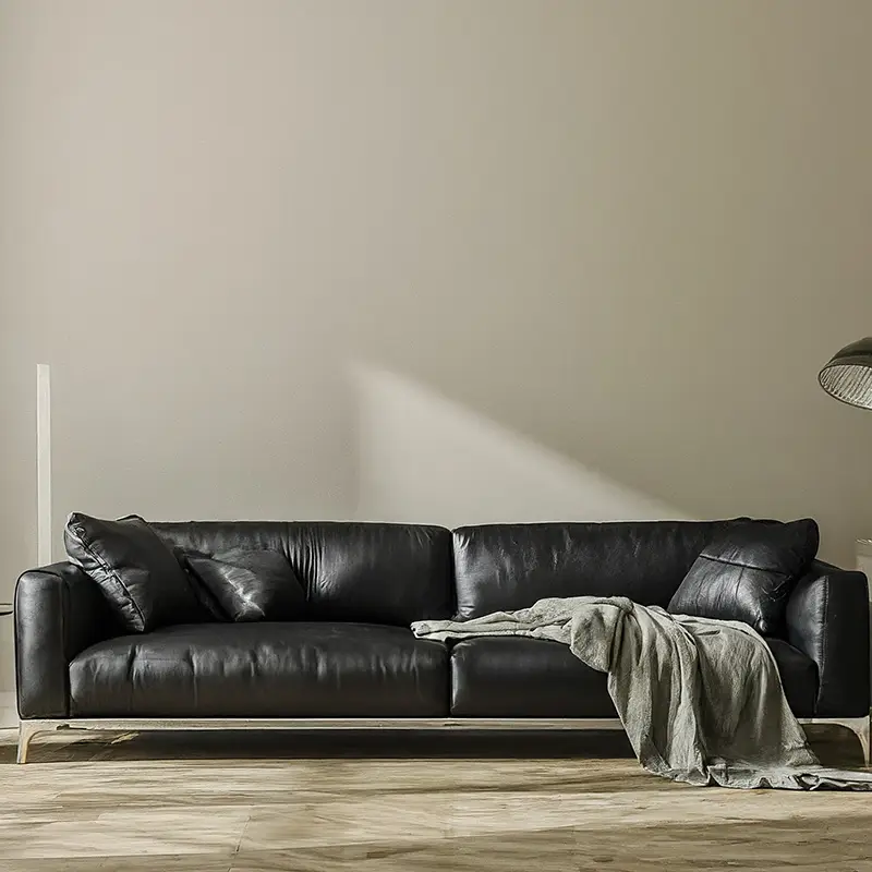 Black Leather Couch for Beige Wall