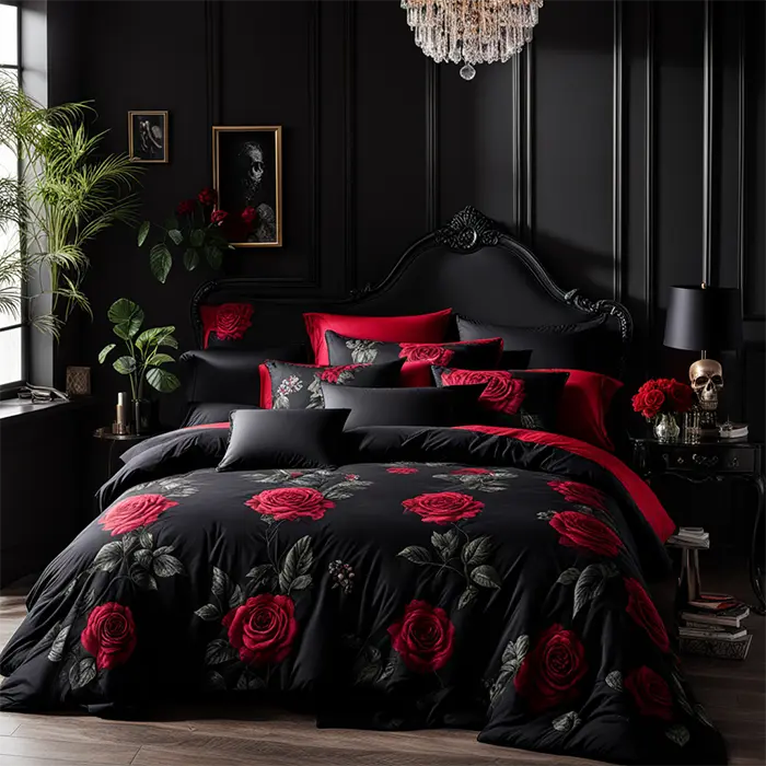 Dark Colored Bedding Like Black or Red with Skull, Rose, or Gothic Prints