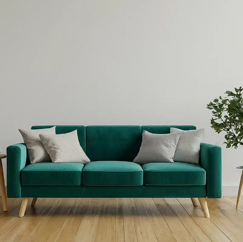 Evergreen Velvet Couch and White Walls
