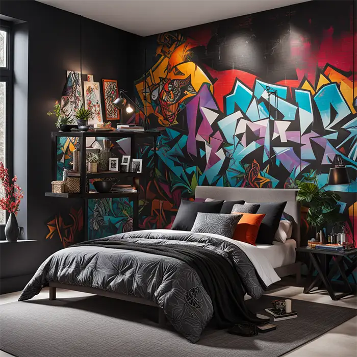 Feature Wall with Dark or Black Paint and Graffiti Art Murals 