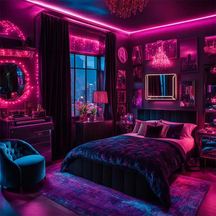 Layer in Lots of Crushed Velvet Furniture and Neon Lights