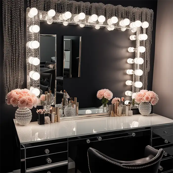 Vanity Table with Hollywood Style Lightbulbs Outlined in Crystal Beads 
