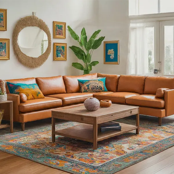 Bohemian-flair-living-room-with-Brown-Couch