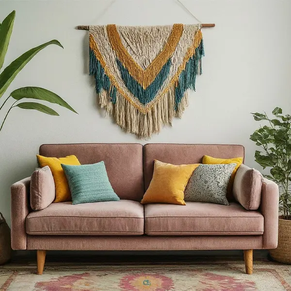 Bohemian-flair-living-room-with-Brown-Couch