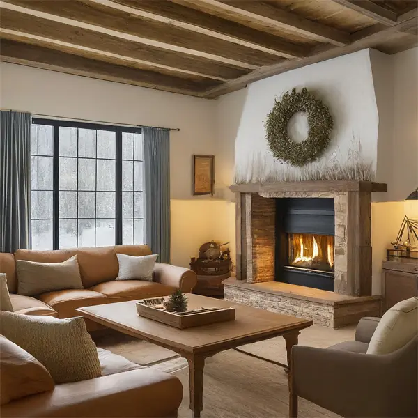 Cozy farmhouse living room with Brown Couch