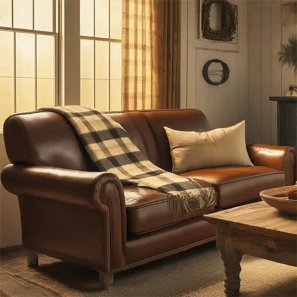 Cozy farmhouse living room with Brown Couch