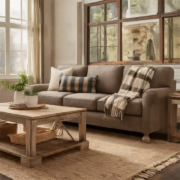 Cozy farmhouse living room with Brown Couch