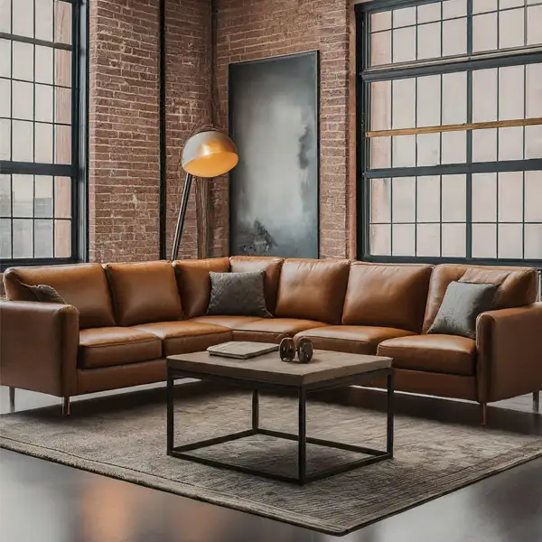 Industrial living room with Brown Couch