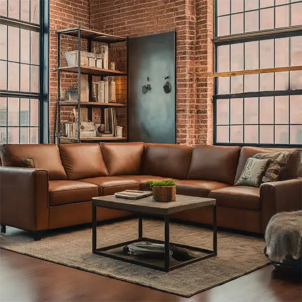 Industrial living room with Brown Couch