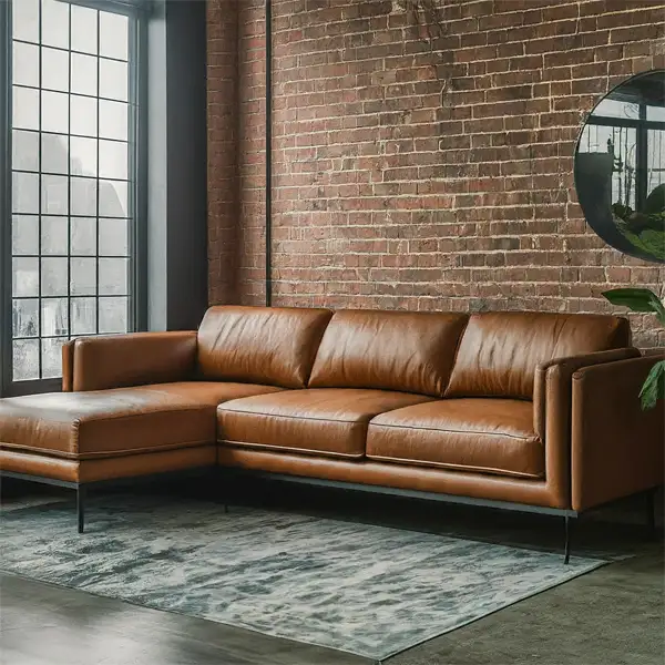 Industrial living room with Brown Couch