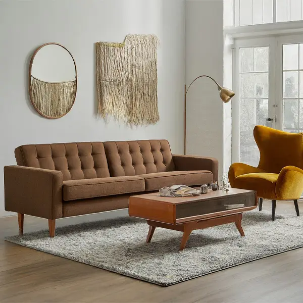 Mid-century modern living room with Brown Couch