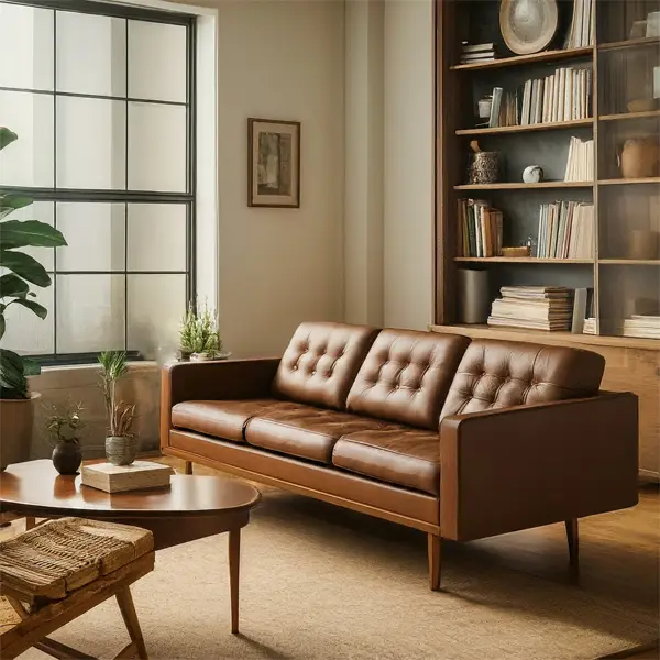 Mid-century modern living room with Brown Couch