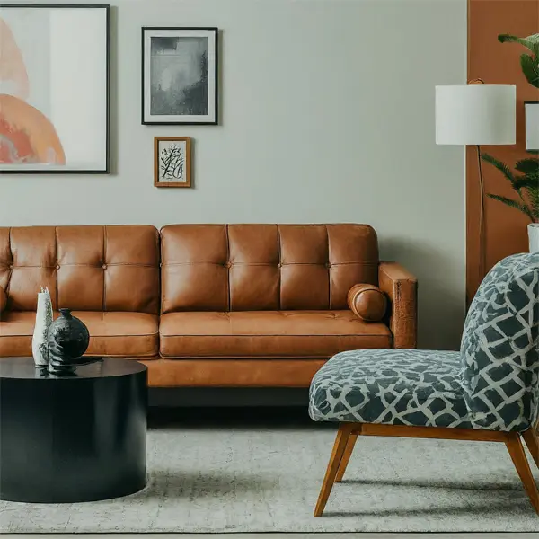 Mid-century modern living room with Brown Couch