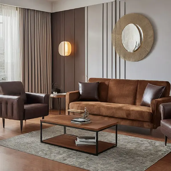 Monochromatic living room with Brown Couch