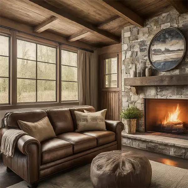 Rustic living room with Brown Couch 