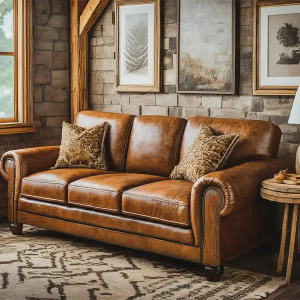 Rustic living room with Brown Couch