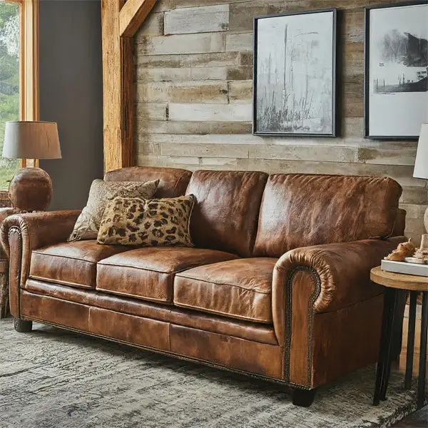 Rustic living room with Brown Couch