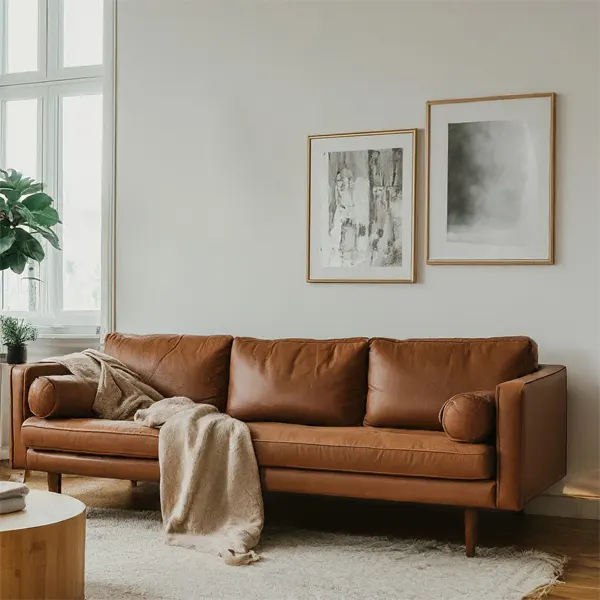 Scandinavian inspired living room with Brown Couch