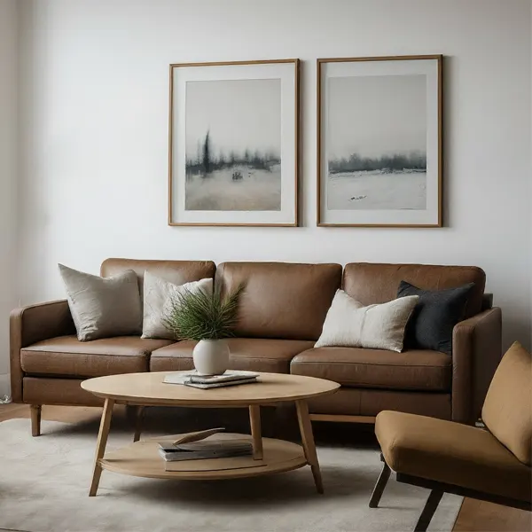 Scandinavian inspired living room with Brown Couch