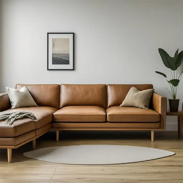 Scandinavian inspired living room with Brown Couch