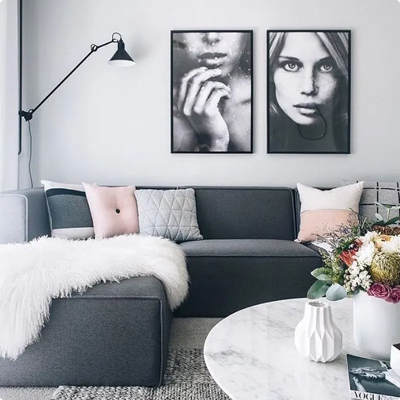 Living Room with Charcoal Couch