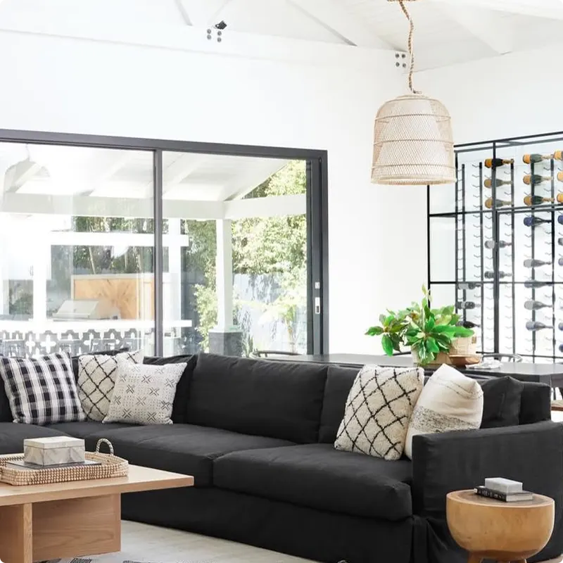 Living Room with Charcoal Couch