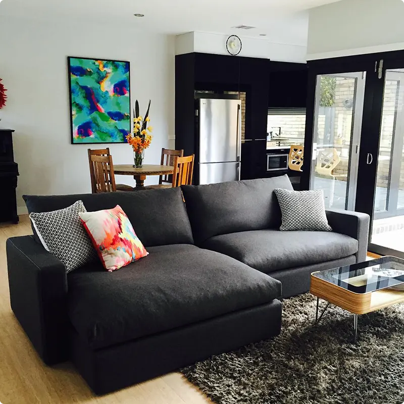 Living Room with Charcoal Couch